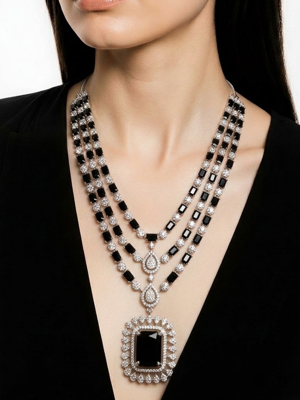 Black Crystal Multi-Strand Statement Necklace